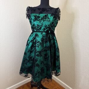 Jona Michelle Green Black Velvet Flocked Tulle Fit and Flare Dress Size 12